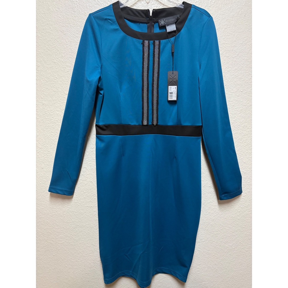 Kardashian Kollection Beaded Detail Sheath Dress Blue Black Long Sleeve L NWT